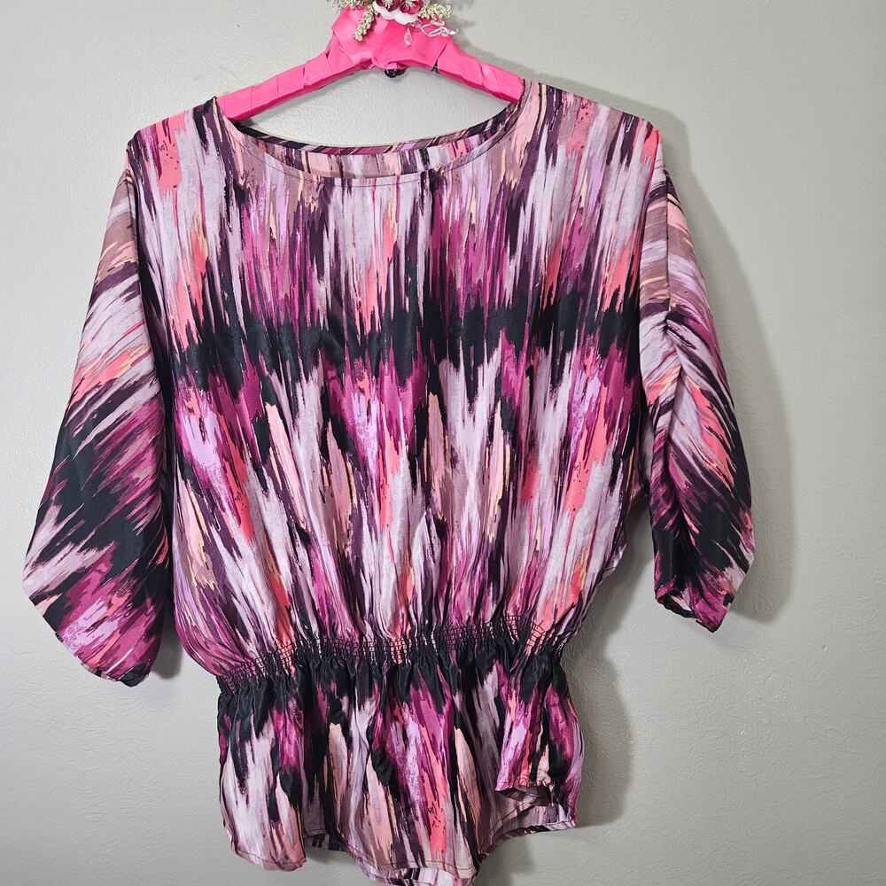Nine West Kiersten Smocked Waist Abstract Watercolor Blouse Purple Pink L Artsy